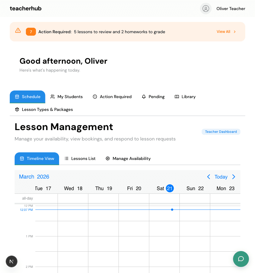 TeacherHub teacher dashboard: lesson schedule, a review queue, and tabs for students and content library